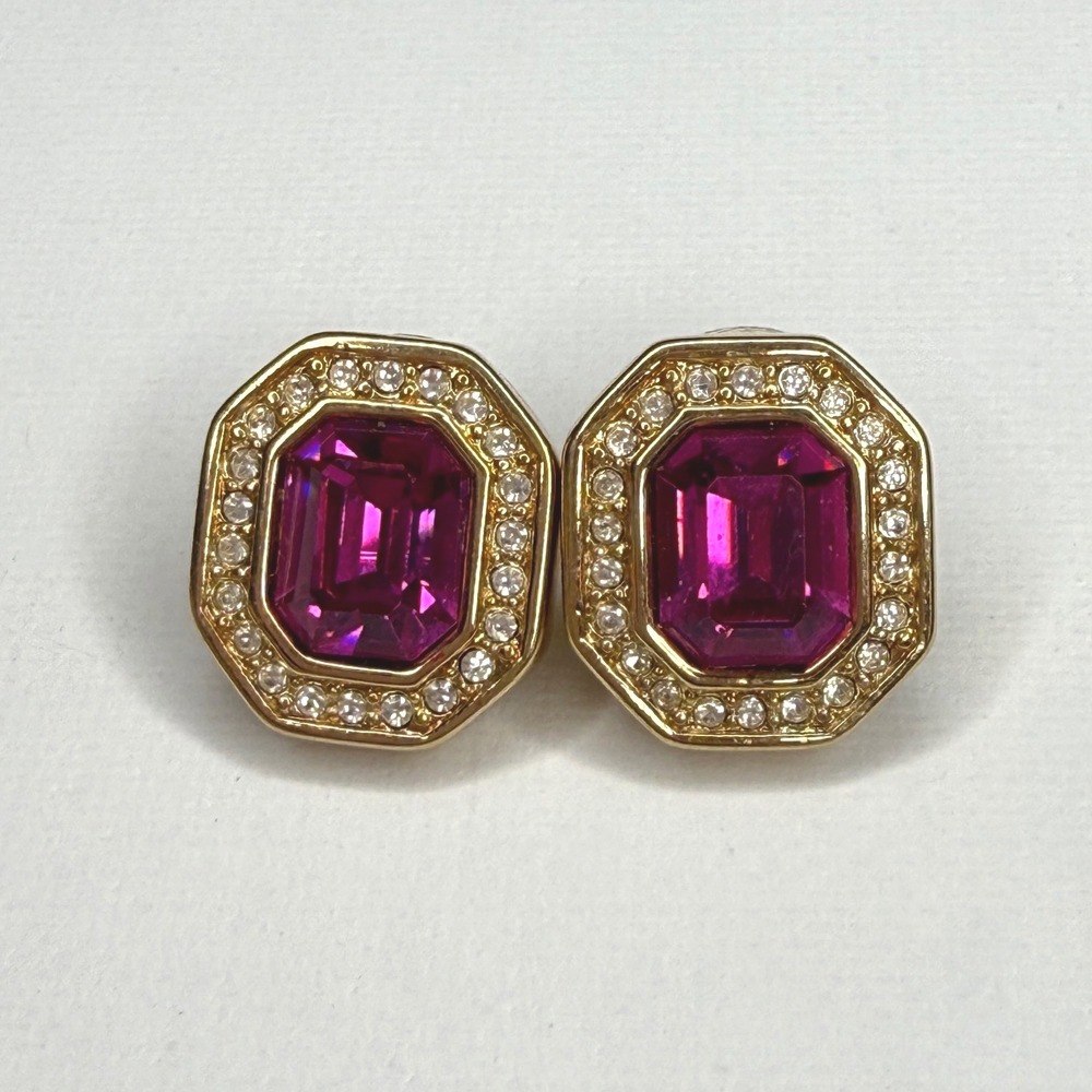 Vintage SAL Swarovski Signed Gold Tone Earrings Pink Stone Rhinestones